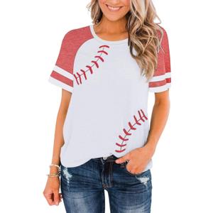 Womens Baseball Mom Tee Summer Short Sleeve Crewneck Baseball Print Patchwork Raglan Tops (White, L)