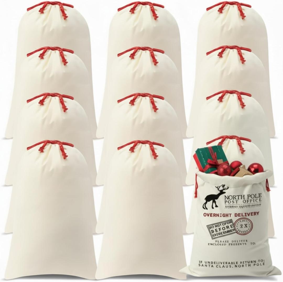 Abbylike 12Pcs Santa Sublimation Blank Christmas Sack with Drawstring Large Christmas Natural Cotton Heavy Duty Sack Laundry Bag for Xmas Gift Sublimation Drawstring Bag 18.9 x 26.8 Inch (White, Red)