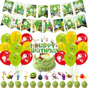Pikmin Party Decorations,Pikmin Birthday Party Supplies Includes Banner- Cake Topper - 24 Cupcake Toppers - 18 Balloons