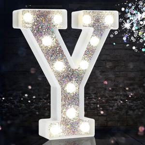 Pooqla LED Marquee Letter Lights, Light Up Silver Letters Glitter Alphabet Letter Sign Battery Powered for Night Light Birthday Party Wedding Girls Gifts Home Bar Christmas Decoration, Silver Letter Y
