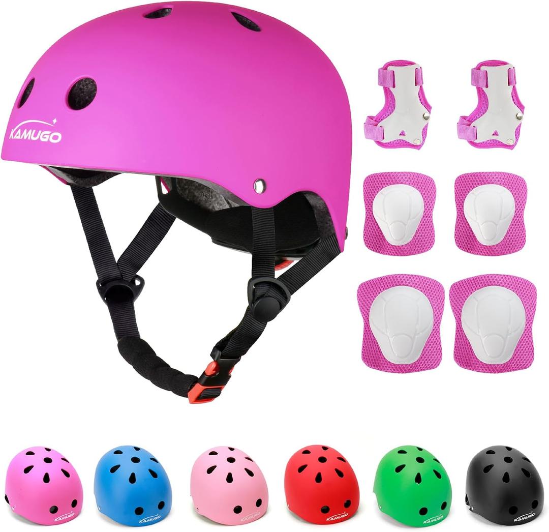 KAMUGO Kids Adjustable Helmet, with Sports Protective Gear Set Knee Elbow Wrist Pads for Toddler Boys Girls, Bike Skateboard Hoverboard Scooter Rollerblading Helmet Set, Small
