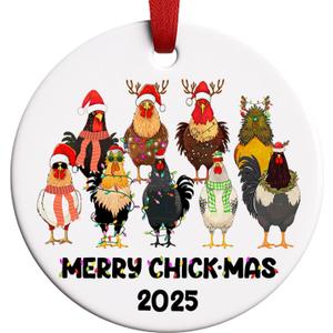 9 x Chicken Christmas Ornament, Merry Chick-Mas 2025 Funny Chickens Ornament, Chicken Lover Gifts for Women, Farmhouse Coop Decor, Rooster Hen Ceramic Christmas Tree Decoration
