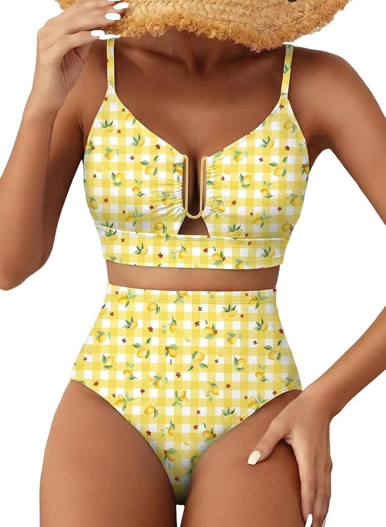 Herseas Womens 2 Piece High Waisted U Wire Bikini Set Floral Print Swimsuit Crisscross Back Bathing Suit Beach Swimwear, S