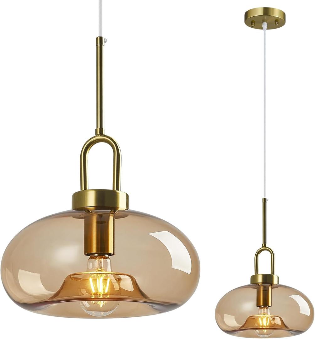 Light Brown Glass Pendant Lights Kitchen Island Gold Pendant Light Fixtures Adjustable Height Modern Pendant Lighting for Bedroom Dining Room (1-Pack)