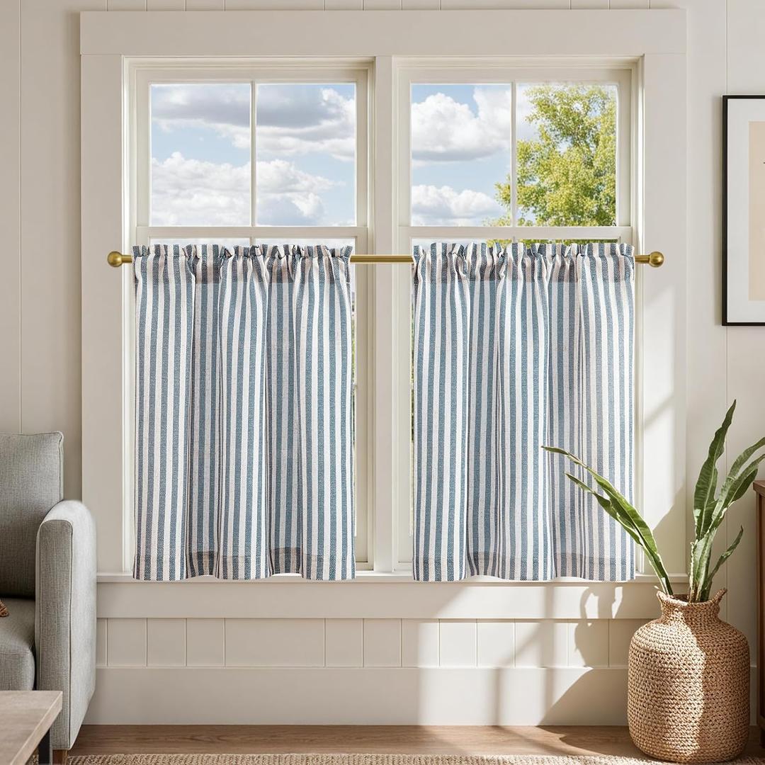 jinchan Linen Kitchen Curtains 24 Inch Length Striped Tier Curtains Ticking Stripe Small Drapes for Living Room Bathroom Cafe Small Window Farmhouse Rustic Pinstripe Rod Pocket 2 Panels Blue