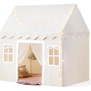 Tiny Land Play Tent with Padded Mat & LED Lights, Kids Tent, Playhouse for Kids, Indoor Bed Tent for Toddler, Toys for 3,4,5,6-Year-Old Girls, Neutral Color Play Room Furniture (Off-white)