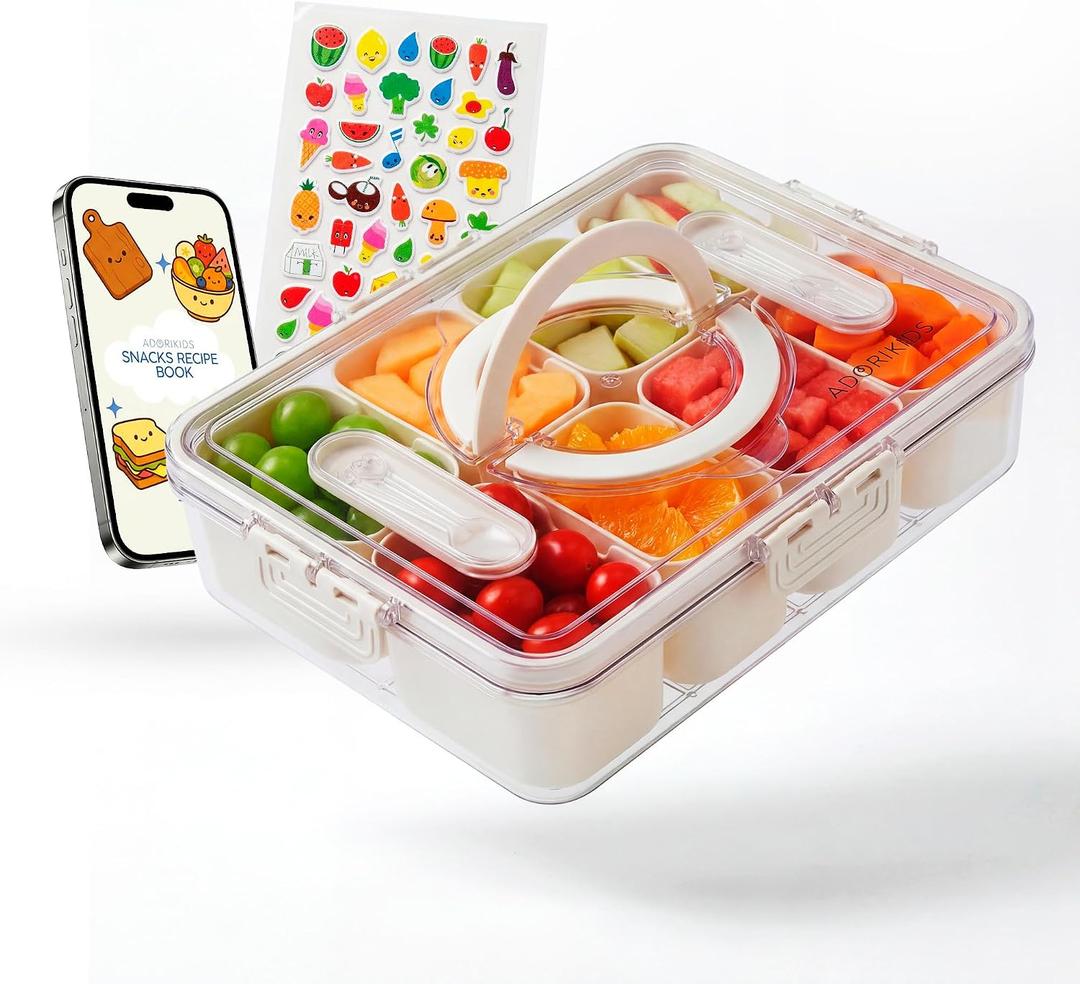 Travel Snack Container for Kids – Snackle Box with 8 Removable Compartments, Utensils and Recipe QR – Snack Box for Road Trips, Beach, Picnic and School Lunch, Large