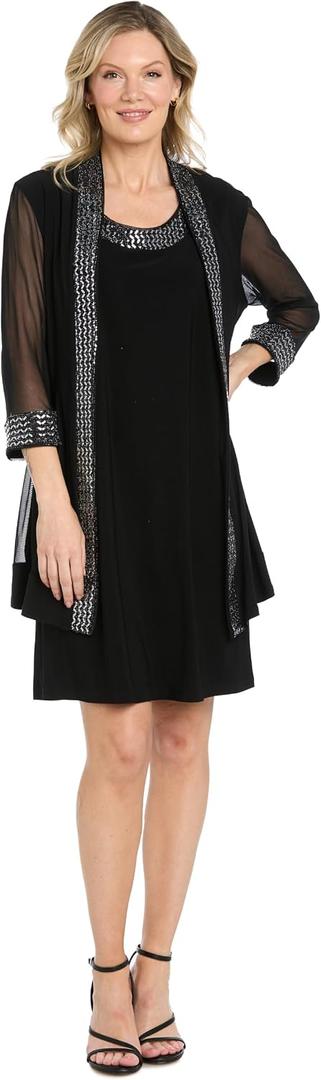 R&M Richards Women's 2-Piece Sheer Jacket Dress Set - Beaded Trim & 3/4 Sleeves - Cocktail, Party & Formal Occasions (Black, M)