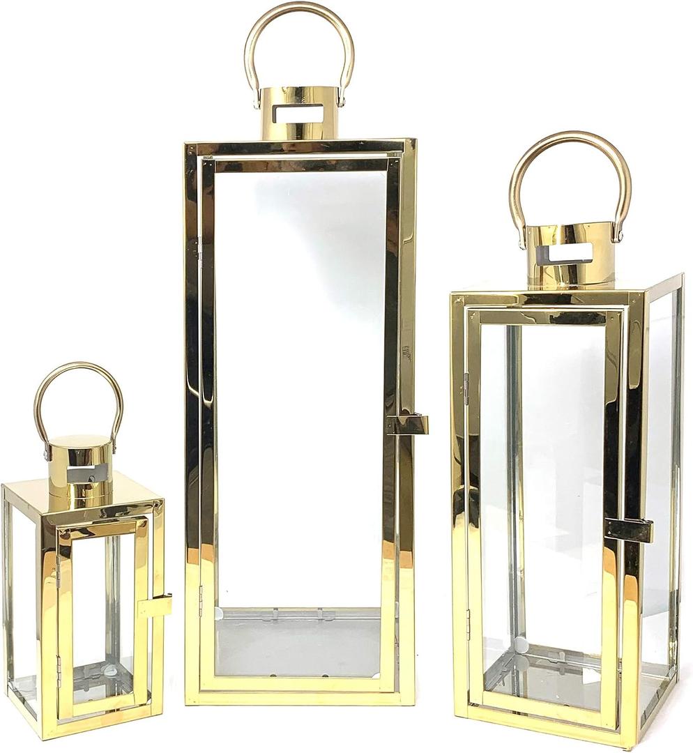 Allgala 3-PC Lantern Set 23 Inch Jumbo Deluxe Modern Indoor/Outdoor Candle Lantern Set Stainless Steel Frame Tempered Glass Rectangular Gold Color for Garden Poolside Fireplace Wedding