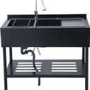 Freestanding stainless steel utility sink with faucet, double bowl kitchen basin with drainboard, portable cabinet design, adjustable legs, storage shelves, rustproof, 47.5"x24"x38.9", black