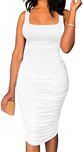 BEAGIMEG Women's Sexy Tank Top Bodycon Ruched Sleeveless Basic Midi Party Dress, Large