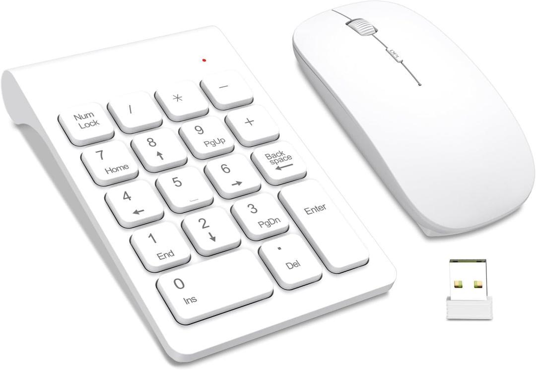 TRELC Wireless Numeric Keypad, Mini 2.4G 18 Keys Number Pad, Portable Silent Financial Accounting Numeric Keypad Keyboard Extensions with Wireless Mouse for Laptop, PC, Desktop, Notebook (White)