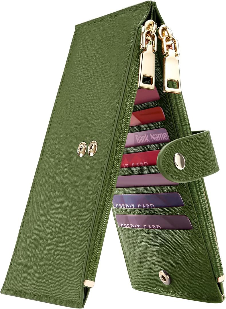 Travelambo RFID Wallet Women Large Size Bifold Multi Card Wallet Case with Zipper Pocket Credit Card Holder for Women (Green Army 7224)