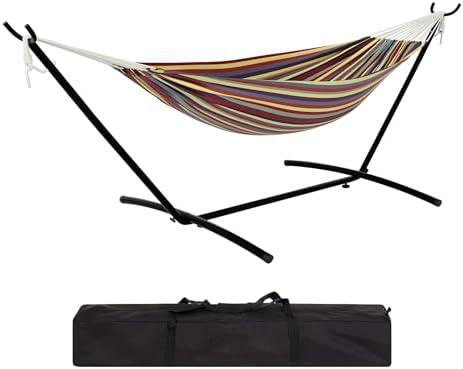 Ultra-Comfort 2-Person Hammock Set with Foldable Steel Frame – Heavy-Duty Outdoor Lounger for Garden, Camping & Patio (450lb Capacity + Quick-Stow Carry Bag),Yellow Rainbow Stripes