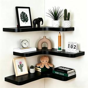 Floating Corner Shelves, Wall Shelf Set of 3, Shelves for Wall Storage, Solid Wood Shelves for Storage, Wall Mount Wooden Display Shelf for Bathroom Bedroom Kitchen Garage (Black 3 Pcs)
