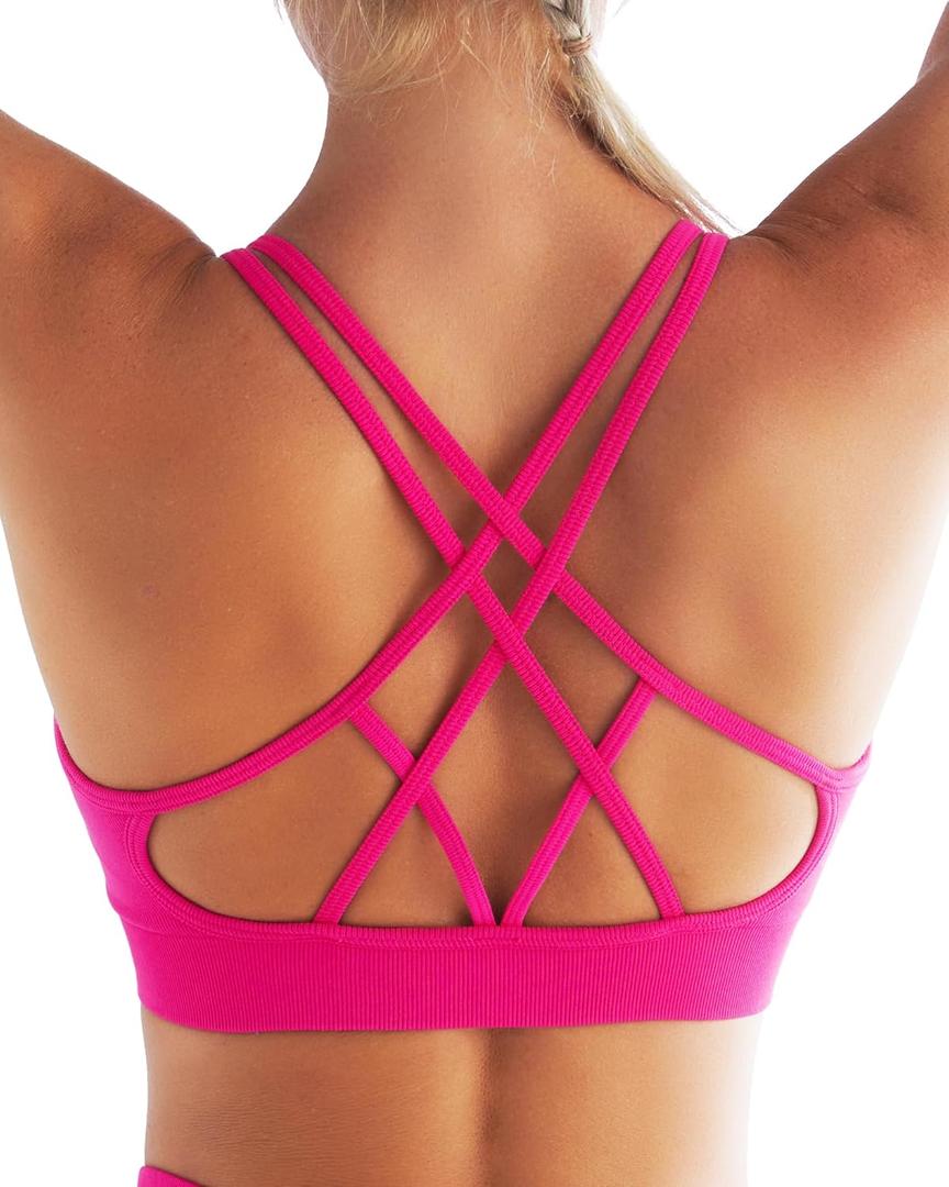 RUNNING GIRL Sports Bras for Women Pack Criss Cross Back Sexy Strappy Sports Bra Seamless Padded Yoga Bra with Removable Cups (Medium, Hot Pink)