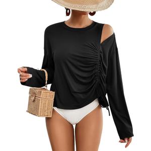 Bsubseach Womens Long Sleeve Cover Up Top Cutout Drawstring Beach Swimsuit Coverup Black XL