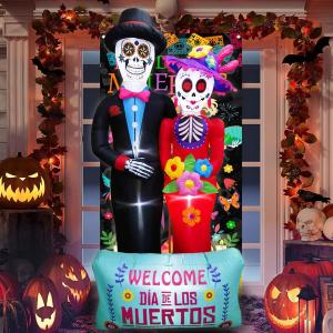 Dia De Los Muertos Decoration, 6 FT Halloween Inflatables Dcor Day of The Dead Spooky Sugar Skull Couple, Blow Up Yard Decorations with Built-in LED for Outdoor Garden, Lawn