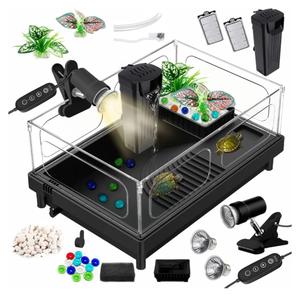 GOZILLA Small Turtle Tank Kit(Tank+Lamp+Filter), Acrylic Aquarium Turtle Starter Kit Habitat with MultiFunctional Areas for Small Reptiles. (Black Tank)