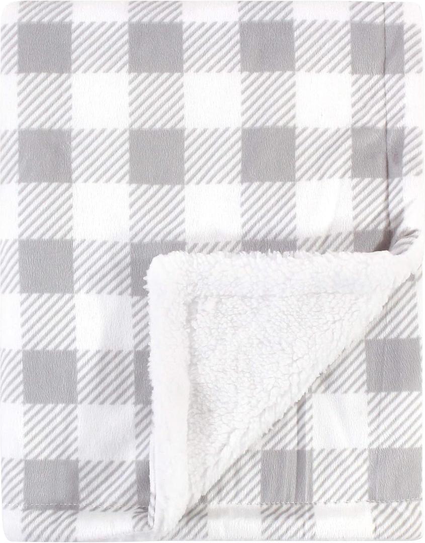 Hudson Baby Unisex Baby Plush Mink and Sherpa Blanket, Gray Plaid, One Size