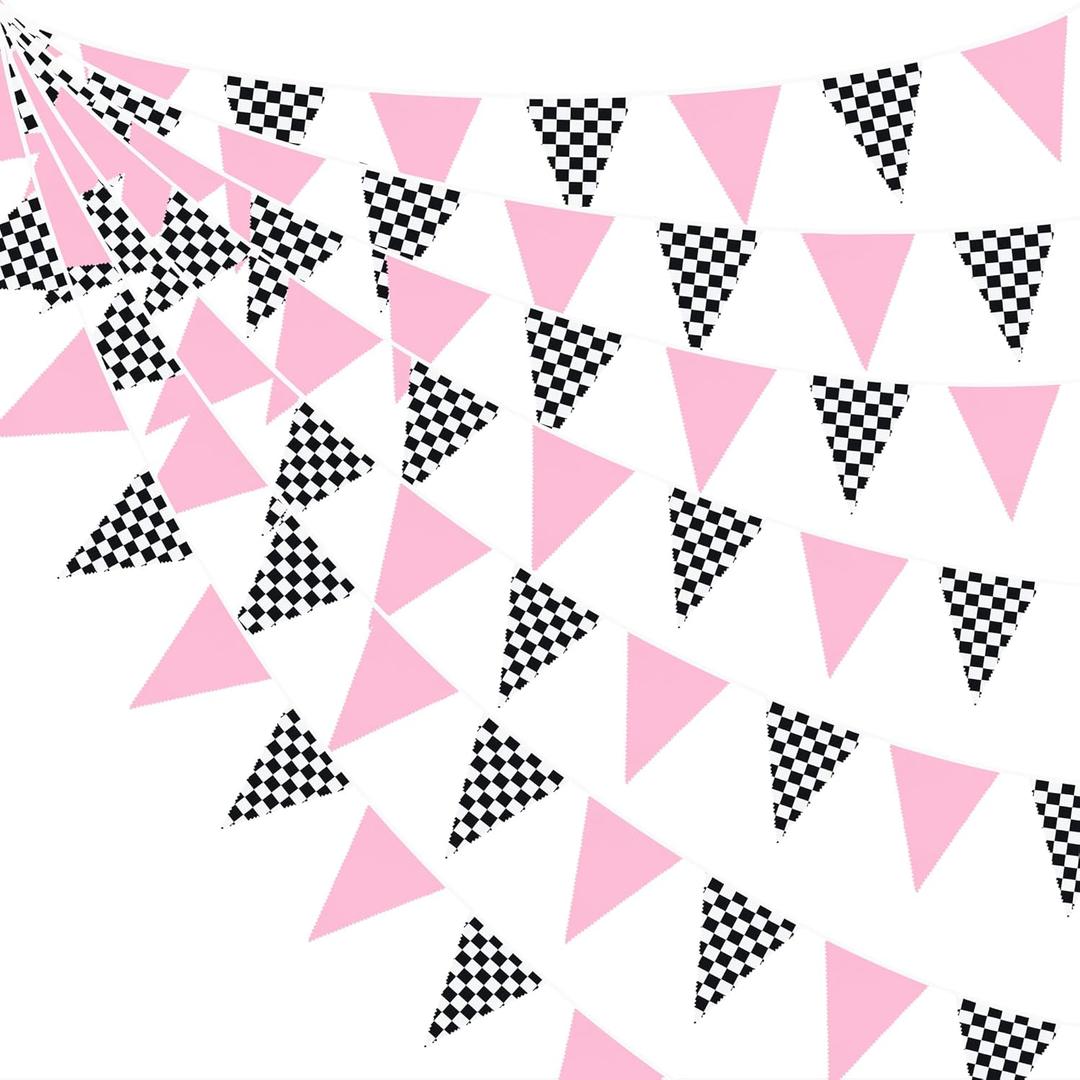 32Ft Racing Party Decorations Pink Black White Checkered Racing Car Fabric Banner Triangle Flag Pennant Garland Streamers for Kids Girls Car Birthday Two Fast Baby Shower NASCAR Picnic Outdoor Decor