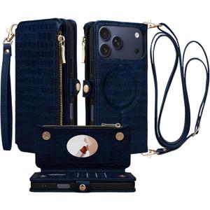 Crossbody Wallet Case for iPhone 17 Pro Max with Mirror, Wrist Strap, Zipper Purse Magnetic Flip, RFID Blocking Card Holder, Wireless Charging, PU Leather Shockproof 6.9" Women (Navy Blue)