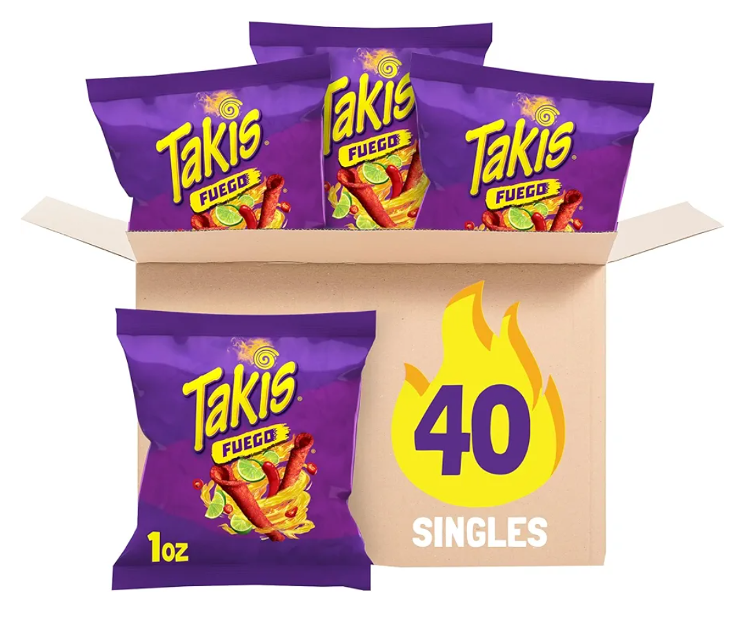 Takis Fuego 40 pc / 1 oz Multipack - Hot Chili Pepper & Lime Flavored Extreme Spicy Rolled Tortilla Chips - Individual Bags, Perfect for Tailgates, Parties, Lunchboxes or Lunches BB 1/15/26