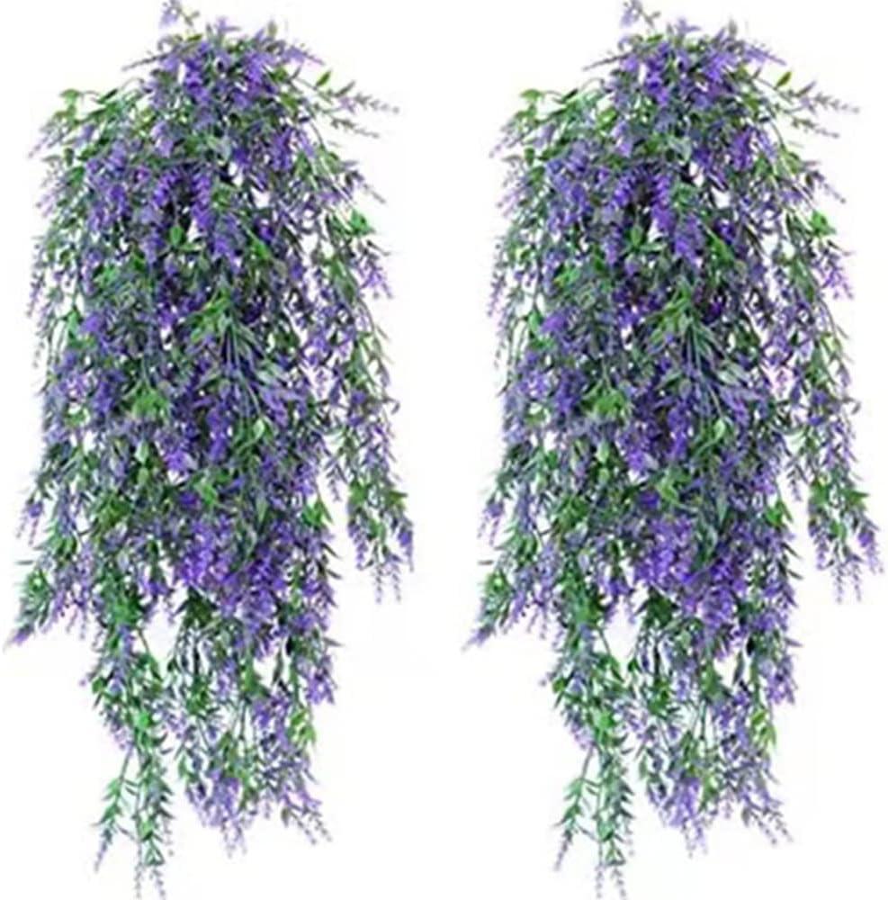 4 Packs Fake Hanging Lavender Plants Artificial Hanging Faux UV Resistant Lavender Flowers Fake Lavender Plants Hanging Indoor Outside Hanging Decorations,(Purple)
