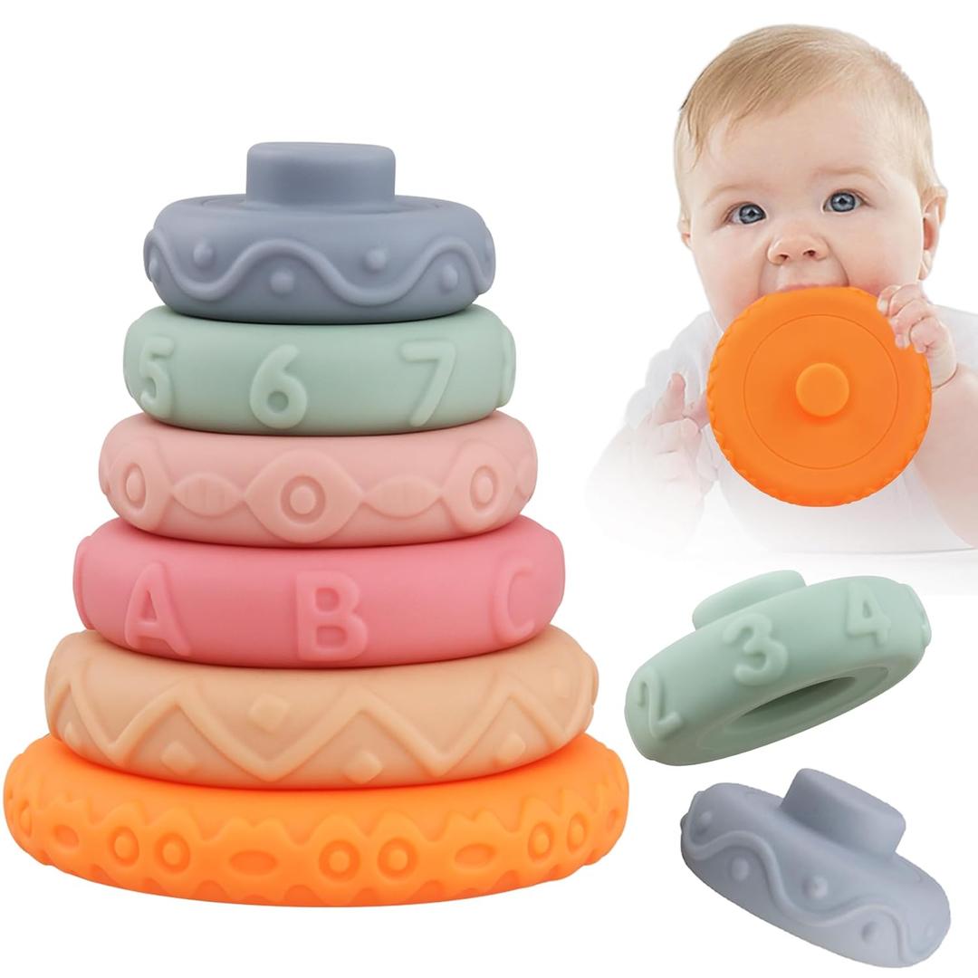 6 Pcs Stacking Rings Soft Toys for Babies Newborn 0-18 Months 1 Year Old Girls Boys - Toddler Sensory Educational Montessori Baby Blocks - Infant Development Teething Learning Easter Basket