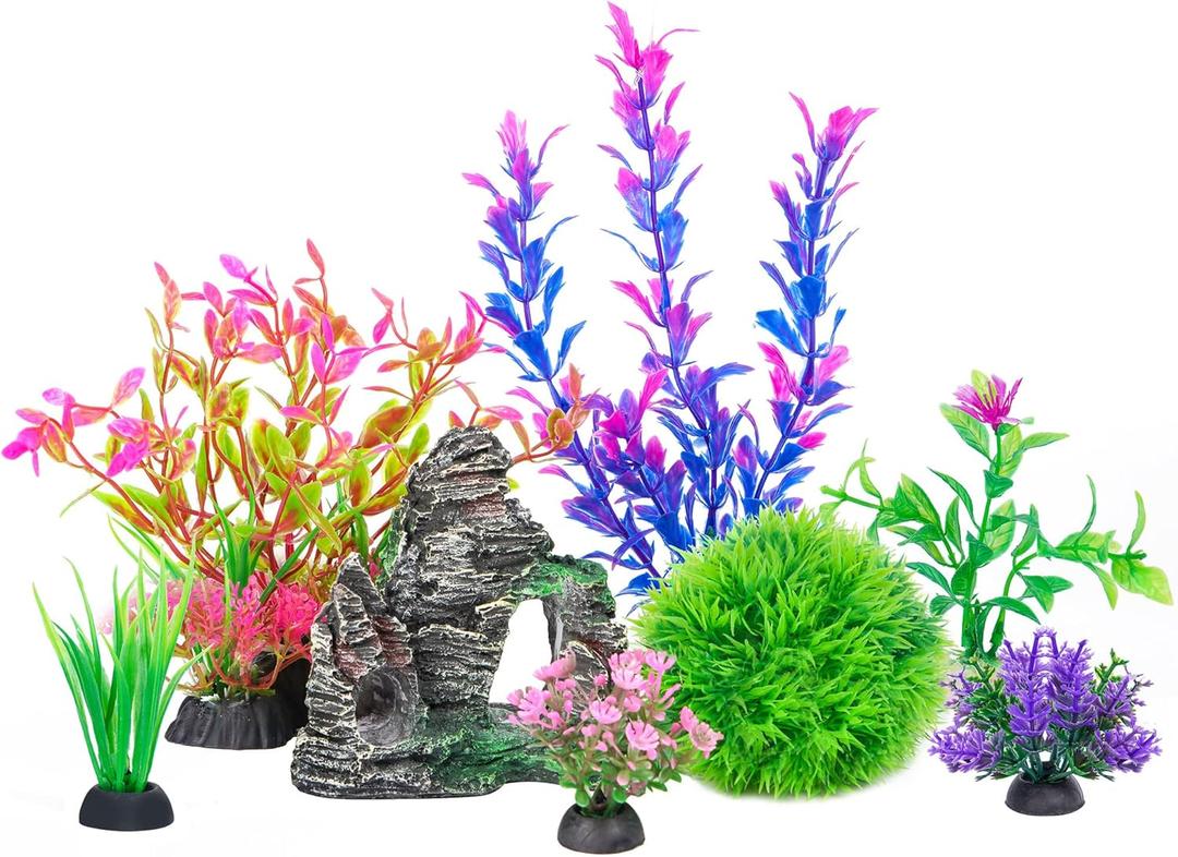 Ameliade Aquarium Artificial Plastic Plants Decorations and Rock Cave Decor Set Goldfish Betta Fish Tank Accessories Small Large Fish Bowl Ornaments