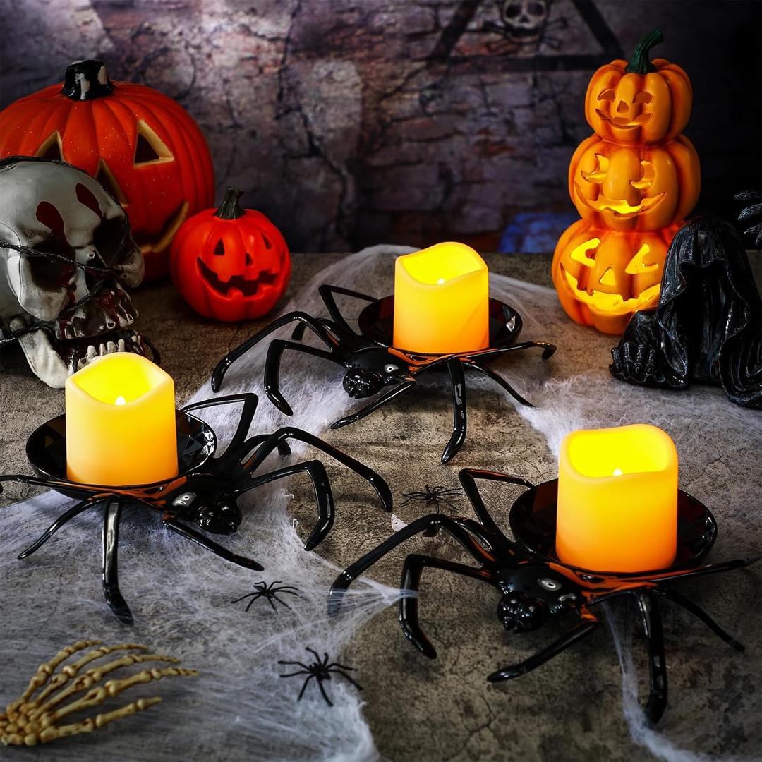 3 Pcs Extra Large Halloween Spider Candle Holders Spooky Table Centerpiece 9.5 Inch Vintage Black Spider Dish Tea Light Candle Holders Candy Bowl for Halloween Party Home Decor