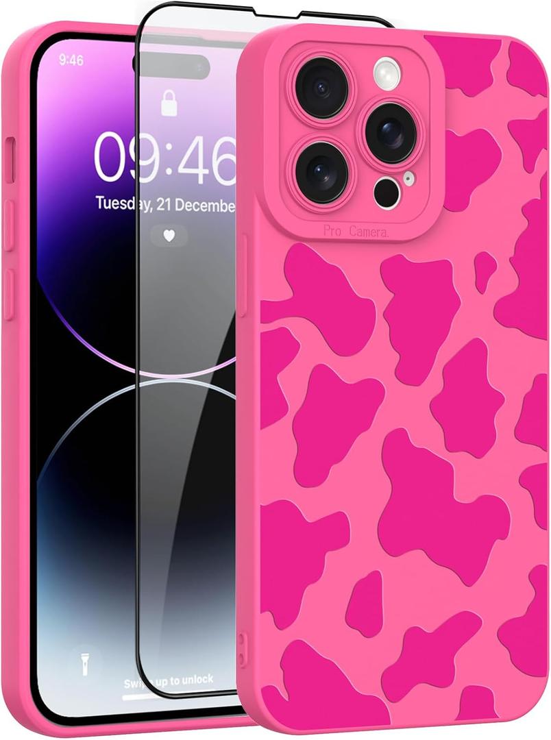 Case for iPhone 14 Pro Max Case Cow Print Pattern Hot Pink Design Tire Texture Non-Slip + Soft TPU Bumper Anti-Slip Ultra Thin Cover Protective Shockproof Case for iPhone 14 Pro Max