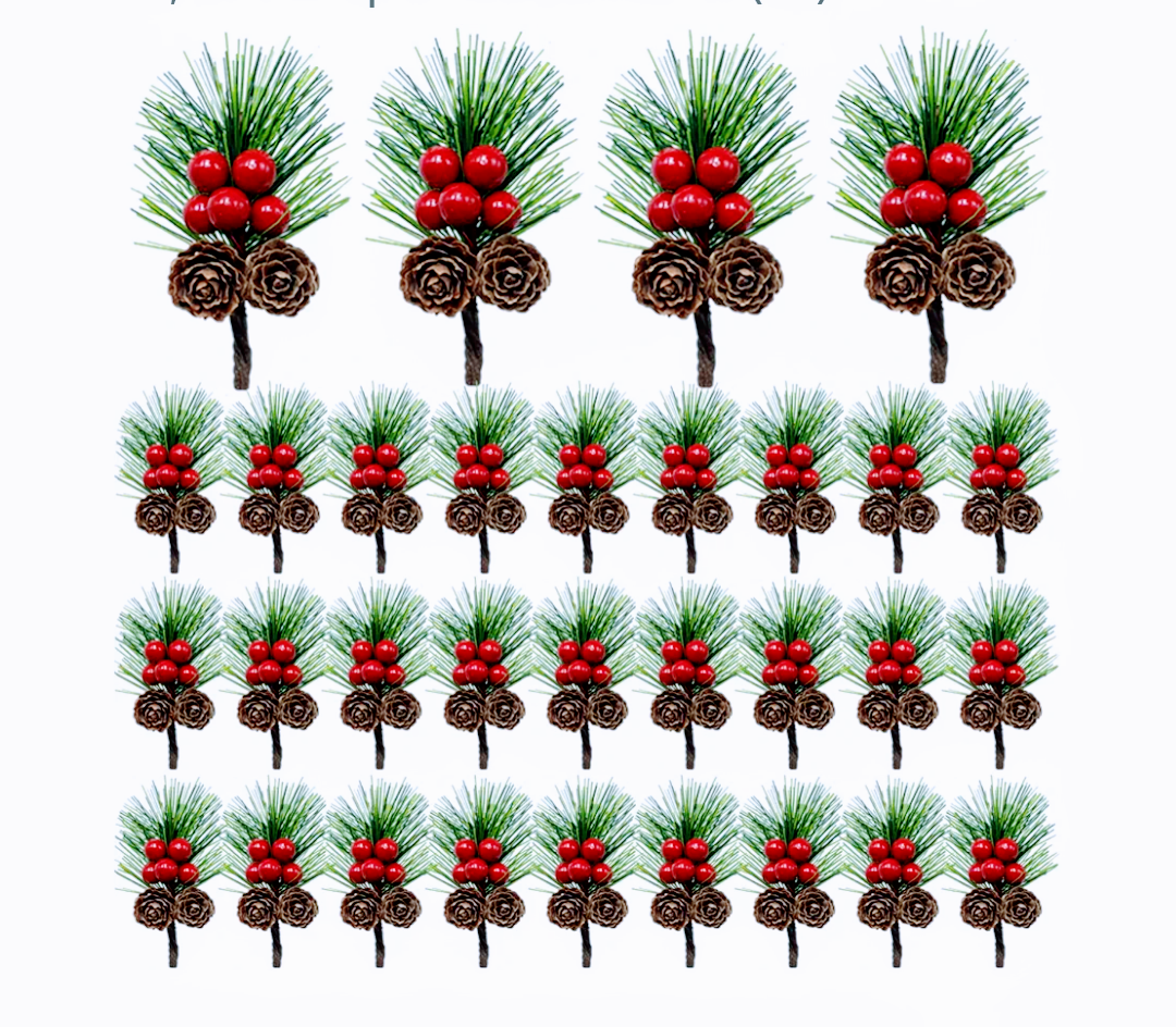 Christma'ms Floral Picks with Pine Cones and Holly Berries, 22Pcs Artificial Pine Greenery Stems Christmas Picks and Sprays for Holiday Decoration, Crafts, Gift Wrap Embellishments (22)