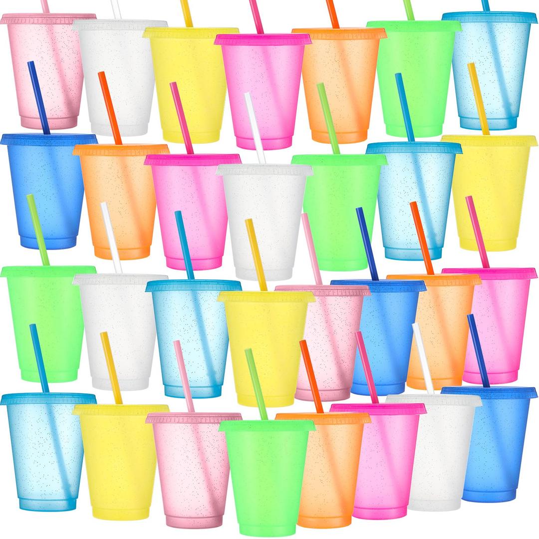 30 x Sieral 30 Pack Cups with Lids and Straws Kids Tumbler with Straw Reusable Water Bottle Iced Coffee Travel Mug Adults Plastic Cups for Parties 16 oz (Clear Multicolor)