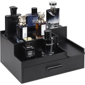 Butizone Cologne Organizer for Men, 3 Tier Perfume Stand Holder with Drawer and Hidden Compartment, Cologne Display Shelf for Dresser, Great Gift for Man/Father, Black