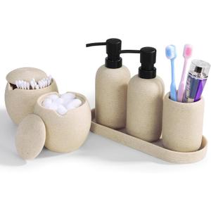 6-Piece Bathroom Accessories Set - Resin Bathroom Set, Lotion Dispenser, Tumbler, Vanity Tray, Cotton Swab Jars with Lids, Bathroom Organizer, Elegant Bath Decor for Home Dorm Hotel Countertop (Beige)