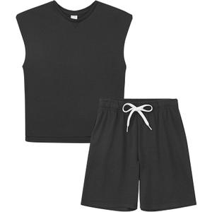 DANI CHINS Boys Loose Athletic Shirt and Shorts Set Kid Outfit with Pockets (Black)