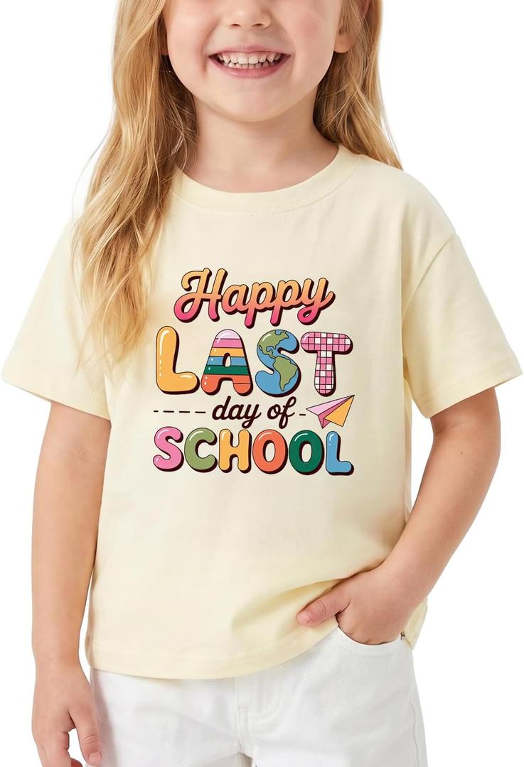 Happy Funny Last Day of School T-Shirt for Kids Toddler Girls Boys Short Sleeve Tee Cotton 2-8T (Beige)