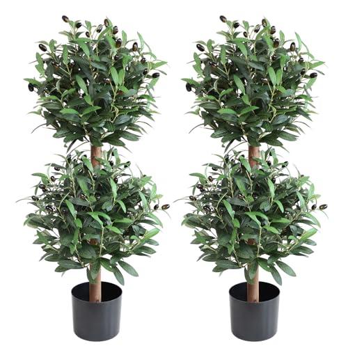 Artificial Olive Double Ball Topiary Trees, 3FT Faux Olive Topiary Tree 2 Packs, 35 Inch Fake Potted Plants for Indoor Porch Decor