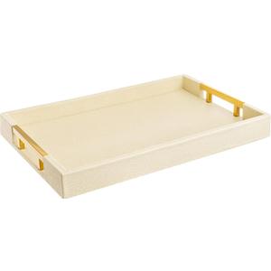 Modern Elegant 17.5x12 Rectangle Cream Rectangle Shagreen Faux Leather Decorative Tray Ottoman Tray Coffee Table Perfume Living Room Kitchen Serving Tray with Gold Polished Metal Handles.