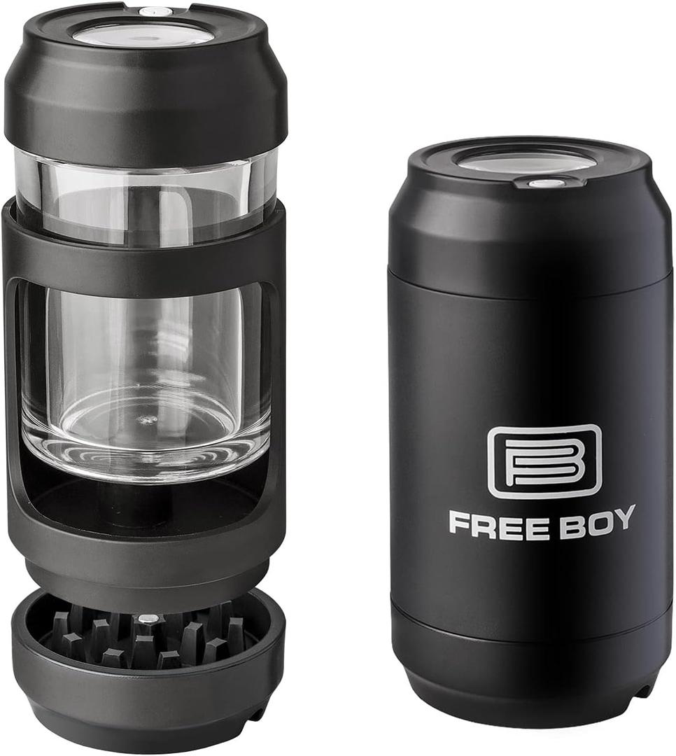 Free Boy Manual Grinder with Light-Up Storage Jars,8 Times Magnifying Viewing Jar,Stash Jar and Grinding,Black