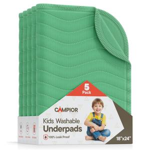 Washable Underpads Medium 18" x24" (Pack of 5) - Reusable Waterproof Bed Pad for Babies and Kids Extra Heavy Absorbent Bedwetting Protection Soft Machine Washable, Green