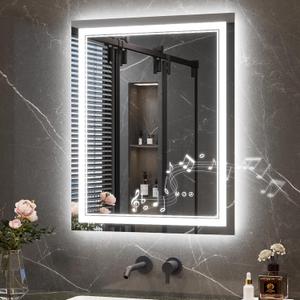 Keonjinn 24" x 30" Lighted Mirrors for Bathroom Wall with Bluetooth Speaker, Frontlit & Backlit LED Bathroom Mirror, Bluetooth Mirror Bathrooms with Dimmable 3-Color Lights, Tempered Glass, Anti-Fog