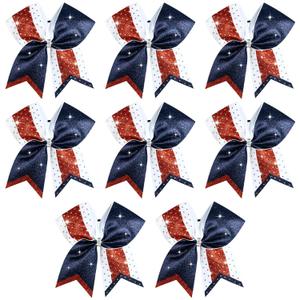 8PCS Glitter Cheer Bow Large Cheer Bows Rhinestones Hair Bows Girls 8"Cheerleading Bows Bulk Elastic Band Ponytail Holder for Teen Girls College Sports Competition
