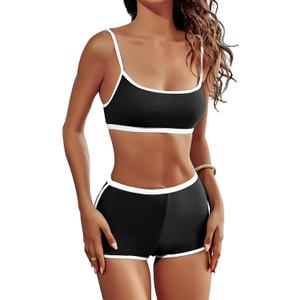 AngiMelo High Waisted Bikini Sets for Women Two Piece Tummy Control Swimsuits Modest Bathing Suit Shorts Swim Suits Teens (Black, S)