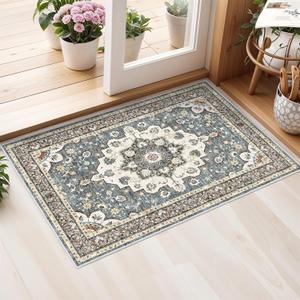 Washable Oriental Area Rug - 2x3 Rugs for Living Room Soft Carpet for Bedroom Waterproof Floral Distressed Indoor Stain Resistant Non-Shedding Floor Carpets (Blue, 2x3)