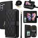 Wallet Case for Samsung Galaxy Z Fold 5 5G 2023 with Wrist Strap, Crossbody Shoulder Strap, 9+ Card Slots Zipper Purse, Luxury PU Leather Stand Cell Phone Cover for ZFold5 Z5 G Fold5 5Z Black
