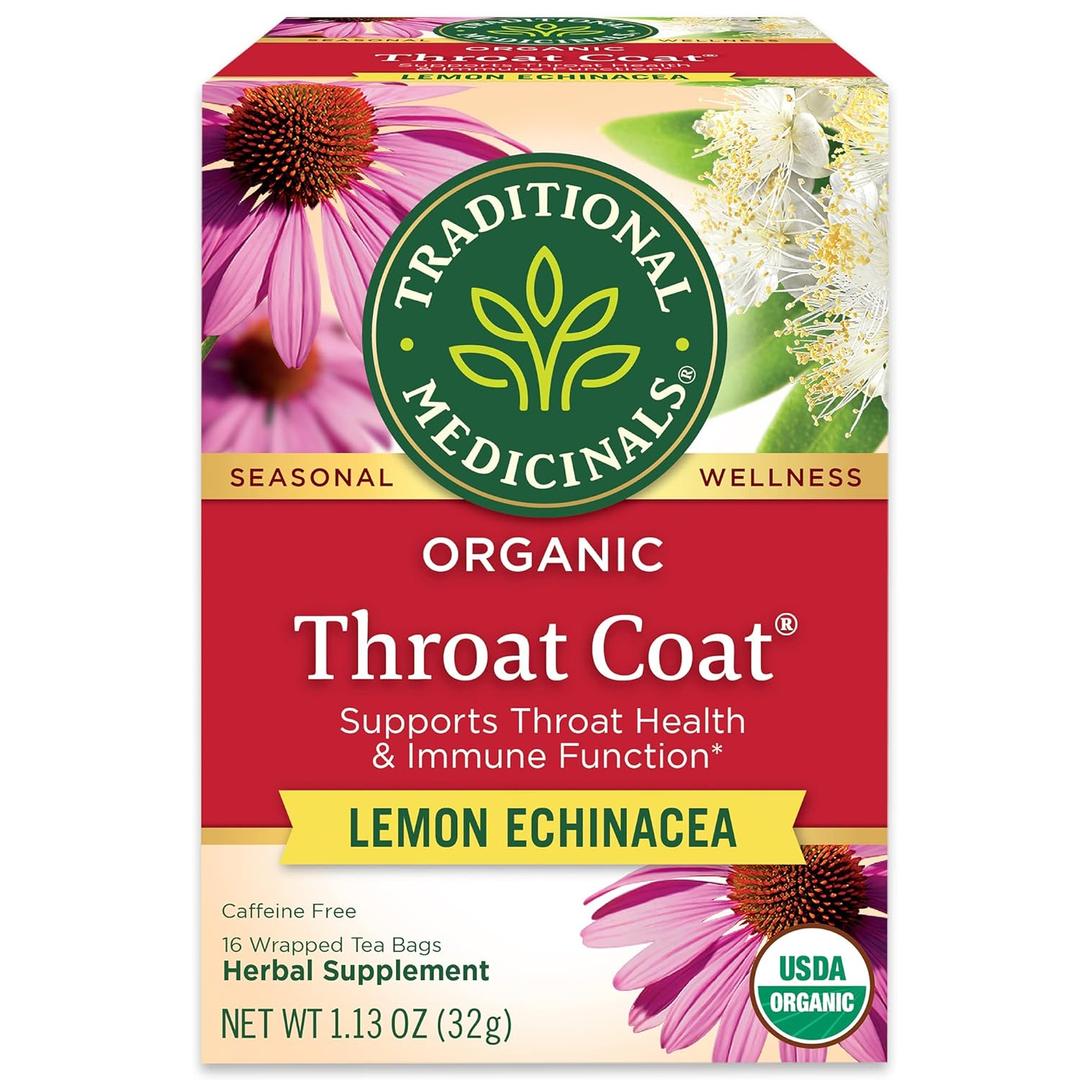 Traditional Medicinals, Organic Throat Coat Lemon Echinacea - Supports Throat Health - Kosher, Non-GMO, Caffeine-Free, Compostable, 16 ct, 01/2029