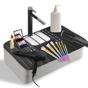 Sink Foldable Cover for Counter Space - Makeup Brush Cleaning Mat - Bathroom Makeup Tools Organizer Space Saver Bathroom Sink Silicone Cover (Black)