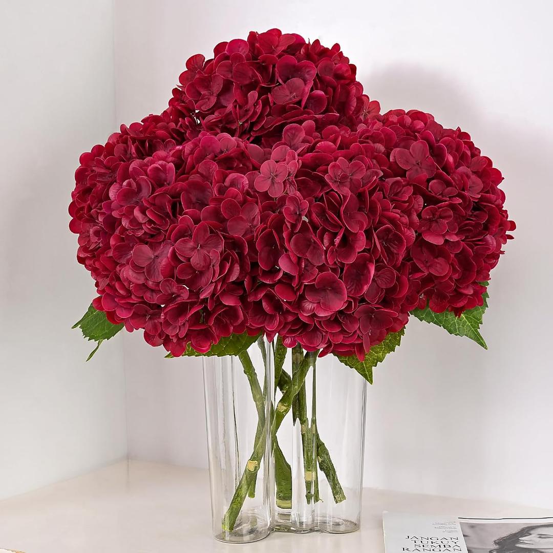 MARTINE MALL 3Pcs 21in Hydrangea Artificial Flowers, Latex Real Touch Hydrangeas Lifelike Large Hydrangea Flowers for Home Decor Party Arrangements Wedding Bouquets Centerpieces (Burgundy)